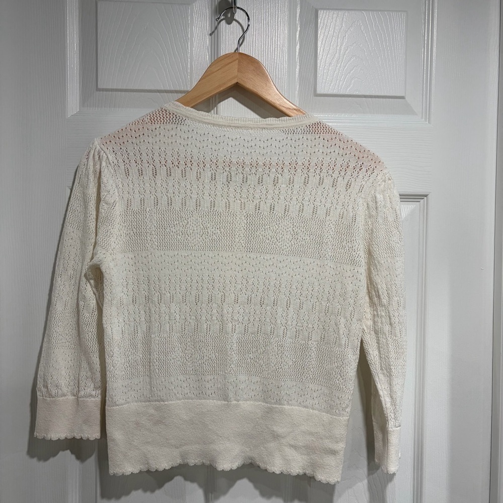 2/$25 White Scalloped Hem Cardigan with Open Knit Pattern and Button Closures - Picture 5 of 5